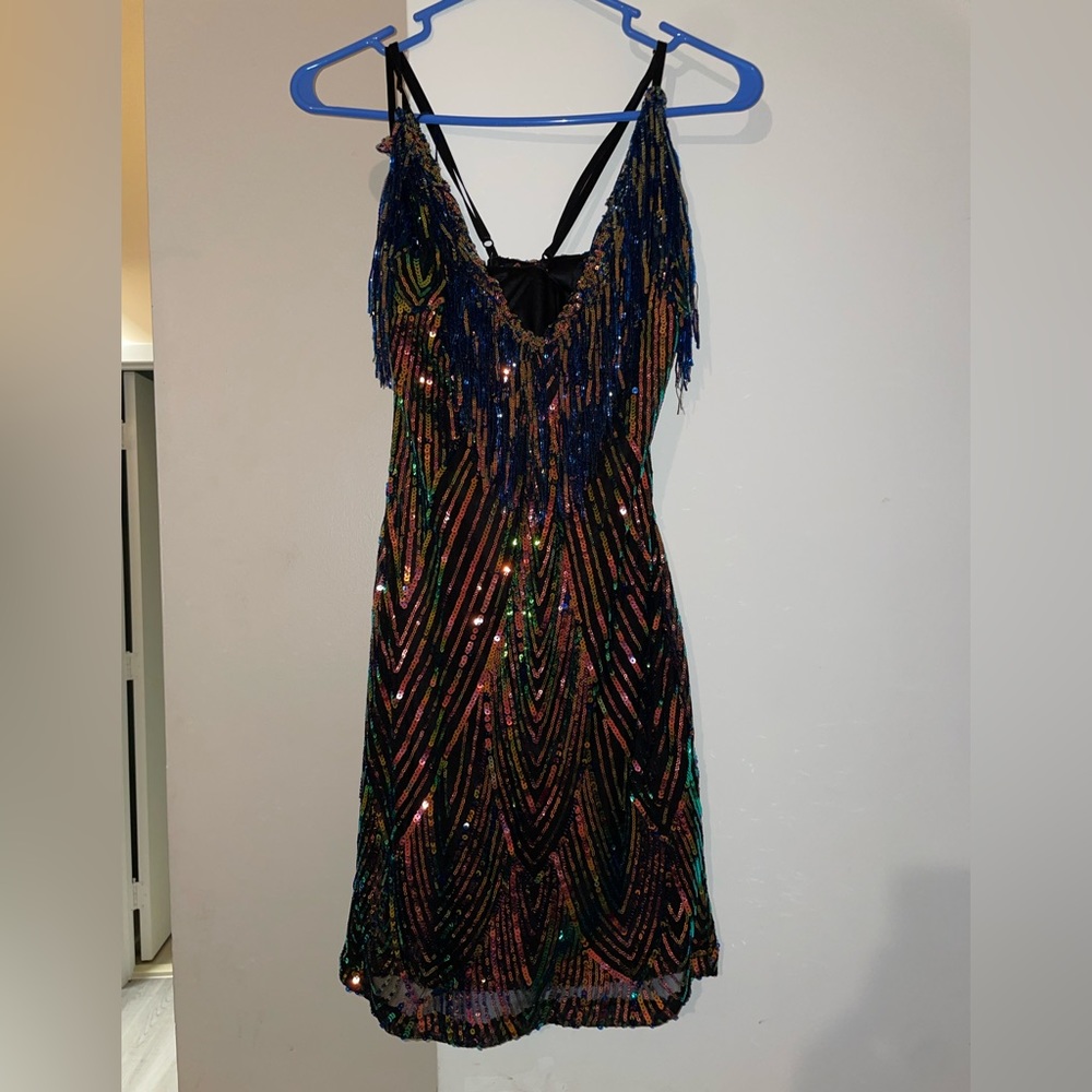 Low cut v neck dress. Open back. Multi color Sequin
